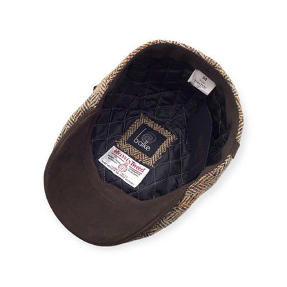 HARRIS-TWEED Mütze beige herringbone bis Gr.62 GATSBY Schurwolle Lederschirm