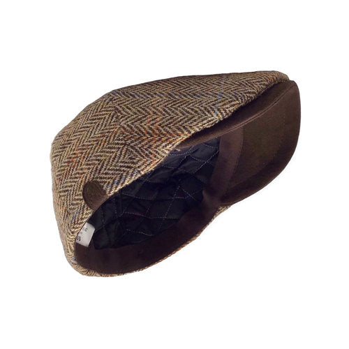 HARRIS-TWEED Mütze beige herringbone bis Gr.62 GATSBY Schurwolle Lederschirm