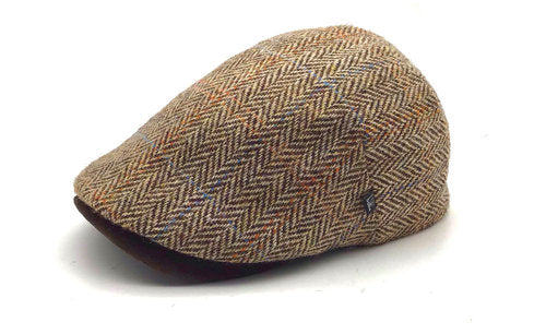 HARRIS-TWEED Mütze beige herringbone bis Gr.62 GATSBY Schurwolle Lederschirm