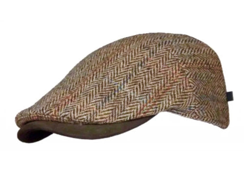 HARRIS-TWEED Mütze beige herringbone bis Gr.62 GATSBY Schurwolle Lederschirm