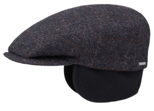 STETSON Mütze Flatcap KENT Gr.M/57 Ohrenklappen kariert herringbone Winter